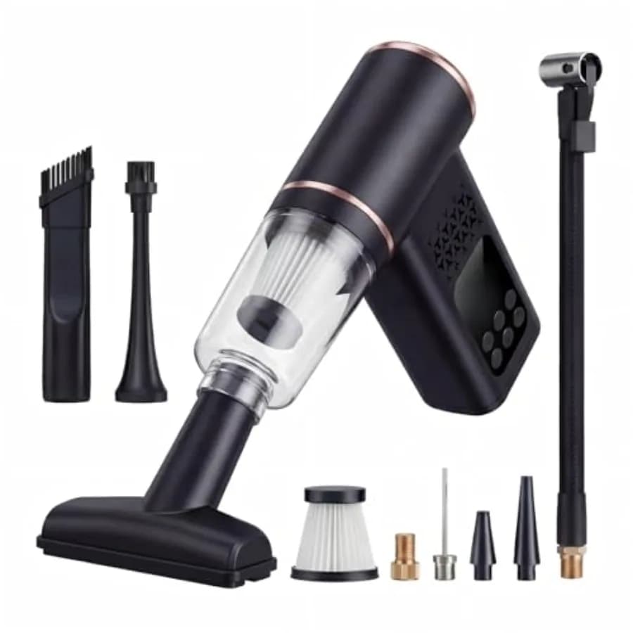 Compressore d'aria portatile 5-in-1 e aspirapolvere per auto senza fili 150PSI con spegnimento automatico e potente aspirazione palmare
