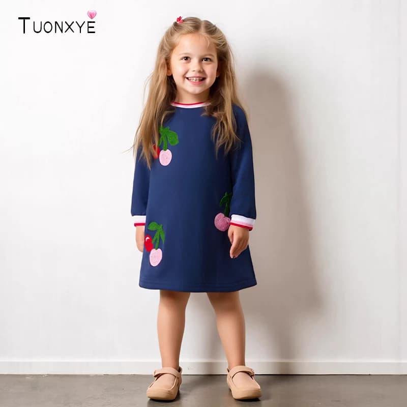 TUONXYE Girls Elegant Dresses Fruit Cherry Appliques Baby Girls Long Sleeve Dress Spring Autumn Children's Party Dress Cotton