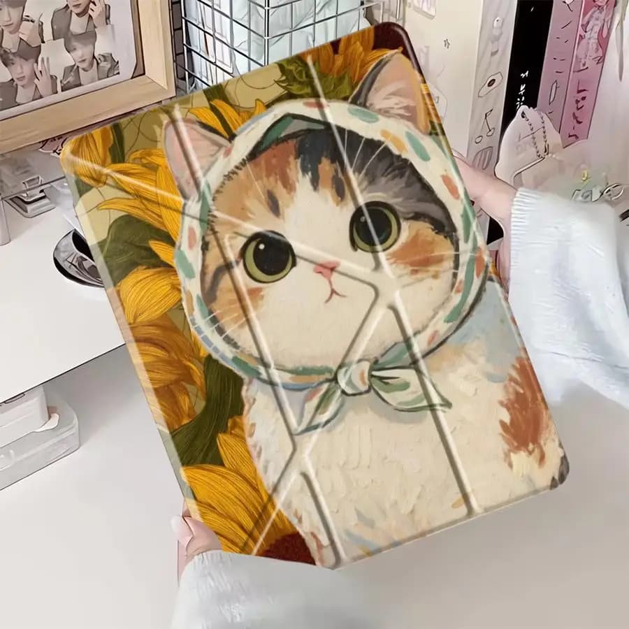 Custodia per Tablet con Supporto a Forma di Gatto Girasole per iPad Air 4 5 M3 M2 1 2 M4 11 pollici Pro 11a 10a 9a 8a 7a generazione 12.9 pollici Pro 2025 Mini 6 7