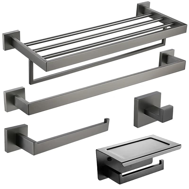 Accessori Bagno Grigio Spazzolato in Acciaio Inossidabile Color Canna di Fucile: Portasciugamani, Portarotolo Carta Igienica, Gancio per Accappatoio, Barra Portasciugamani, Accessori per Toilette