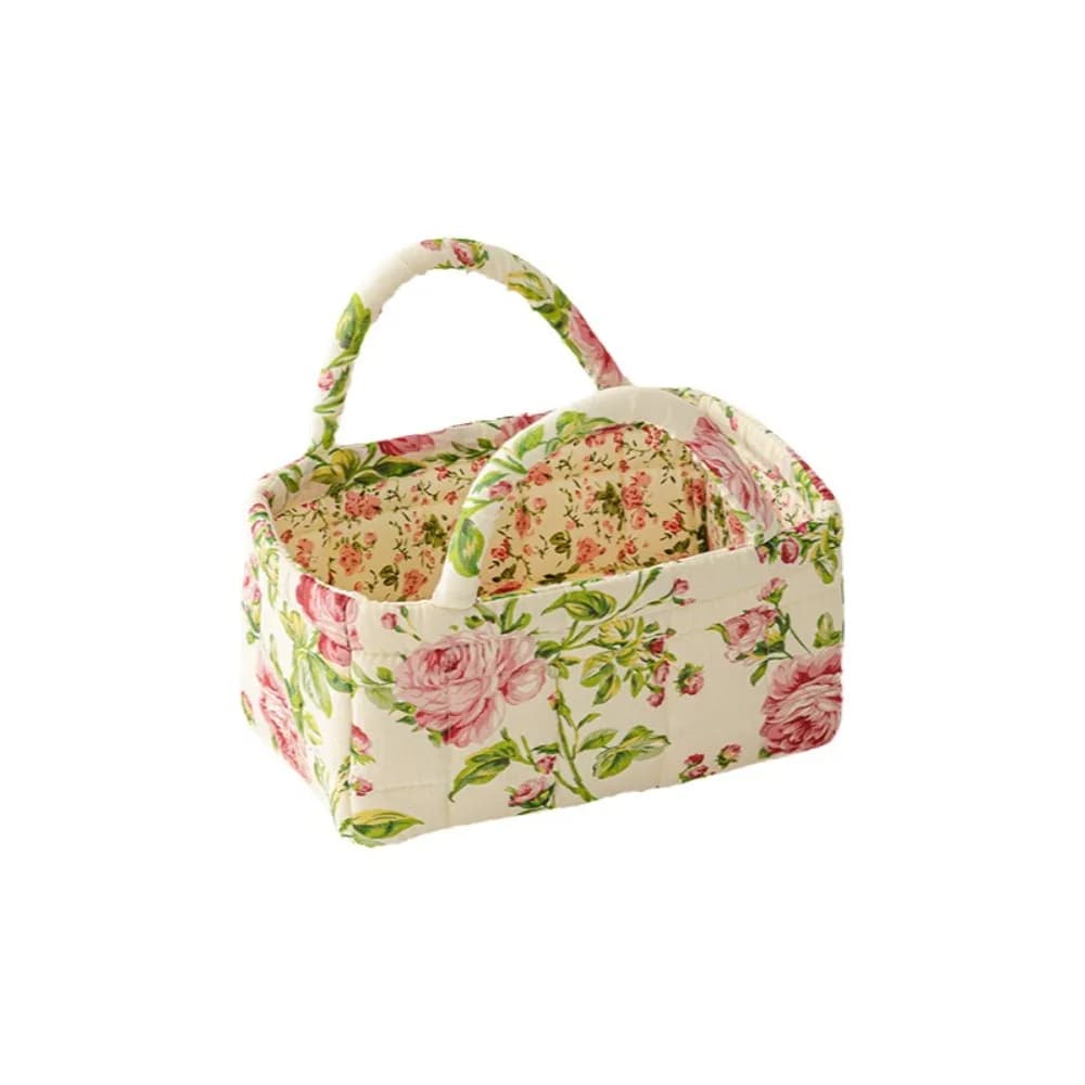 Floral Pattern Storage Basket Foldable Design Large Capacity Shopper Bag Cotton Material Comfortable Grip Fabric Laundry Basket