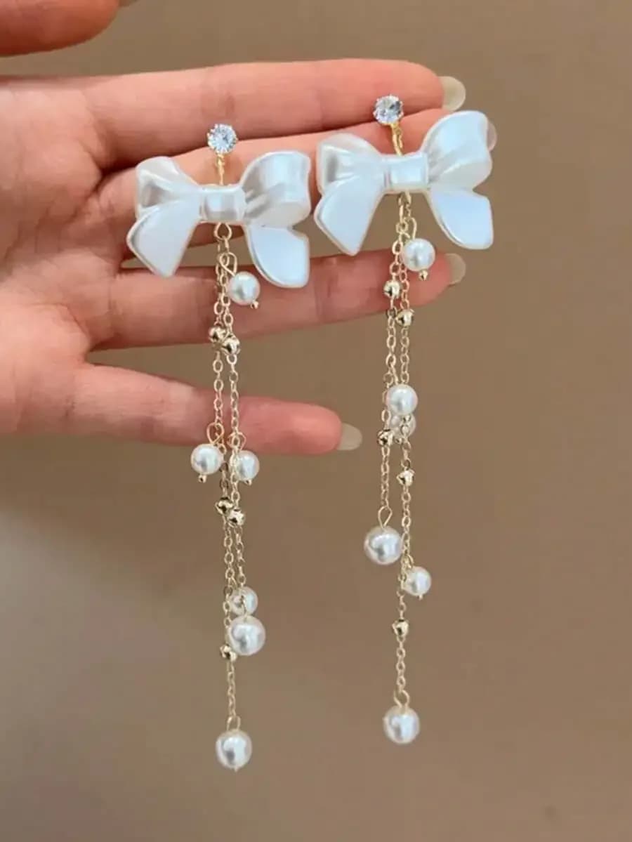 Fashion Bowknot Rhinestone Faux Pearl Drop Earrings For Women