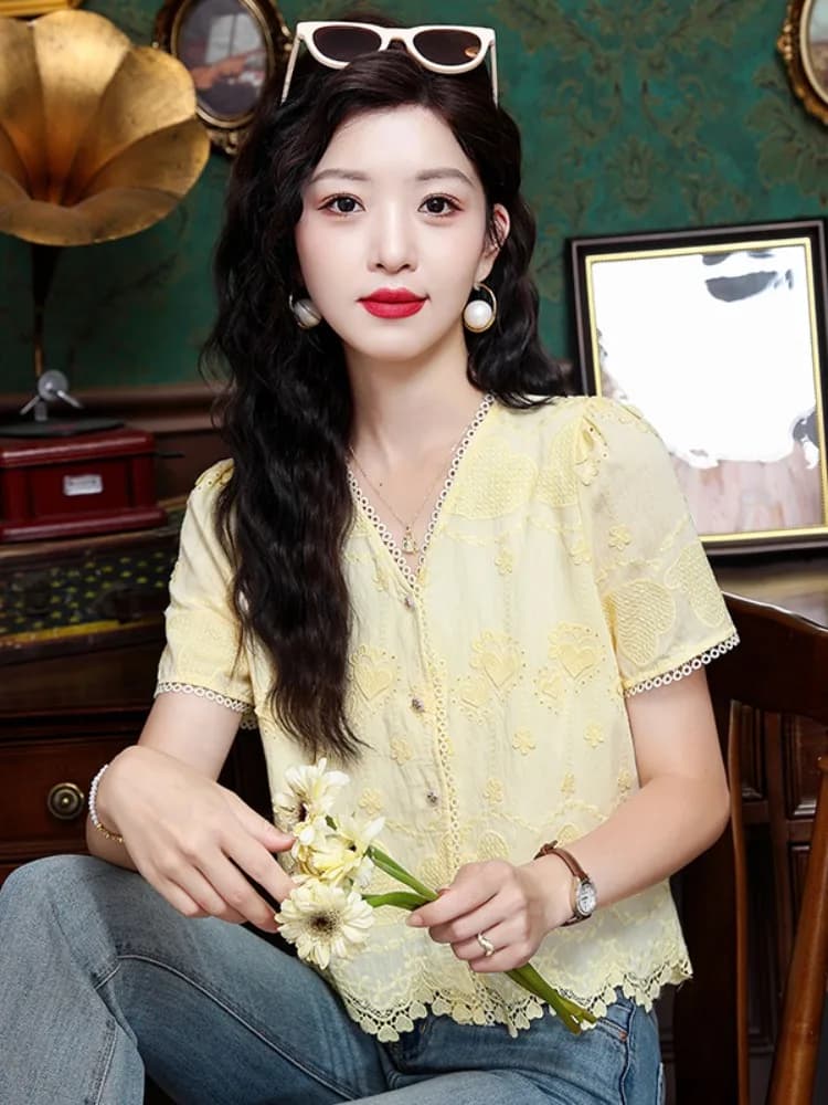 Elegant Lace Short Sleeve V-Neck Shirt Hollow out Unique Beautiful Summer Top Women's Fashionable Shirt Versatile Style