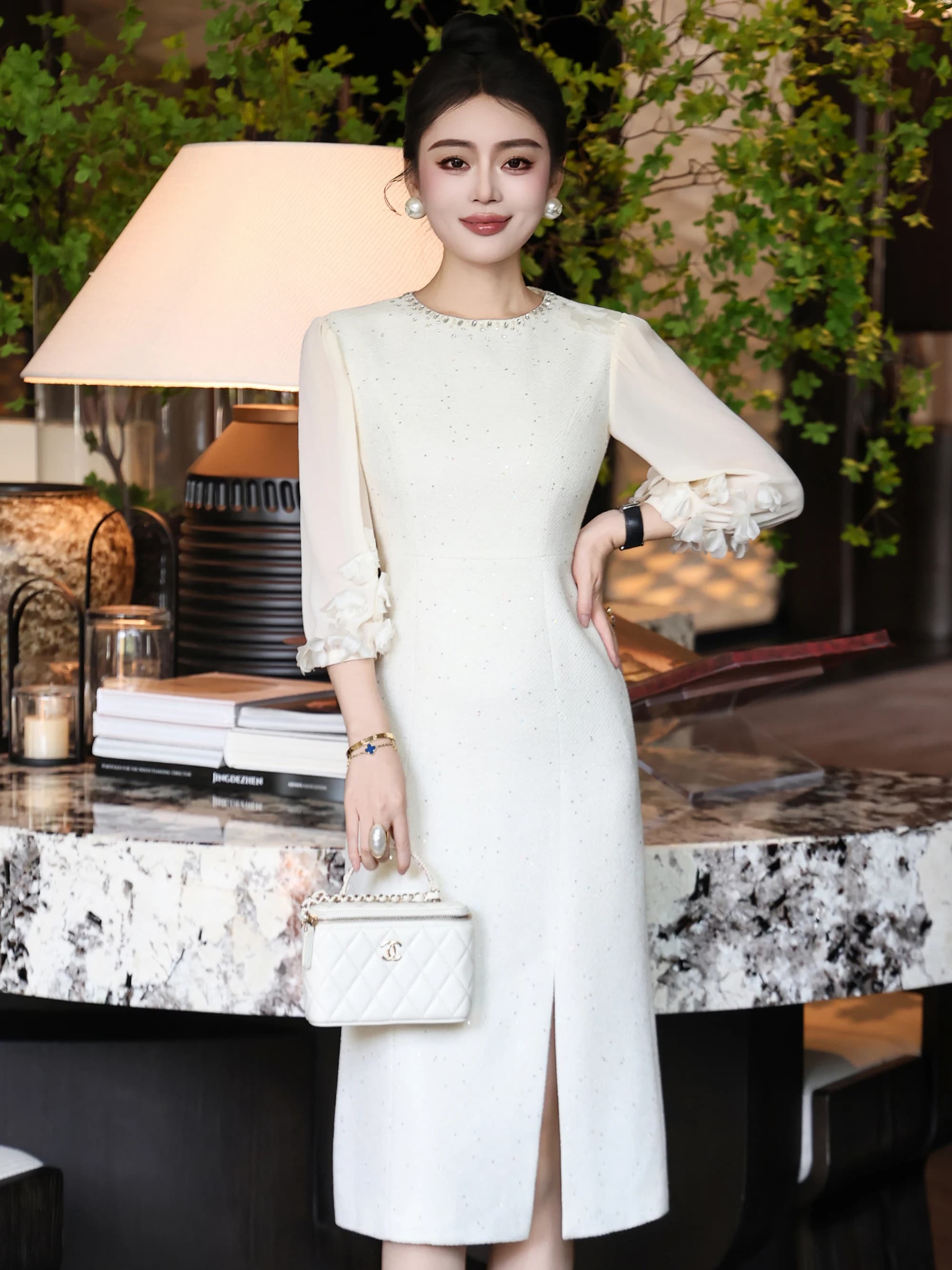Elegant ZheLi Beige Gown with 3D Floral Diamond Embellishment Long Sleeve Bodycon Spring New Arrival Women's Dress