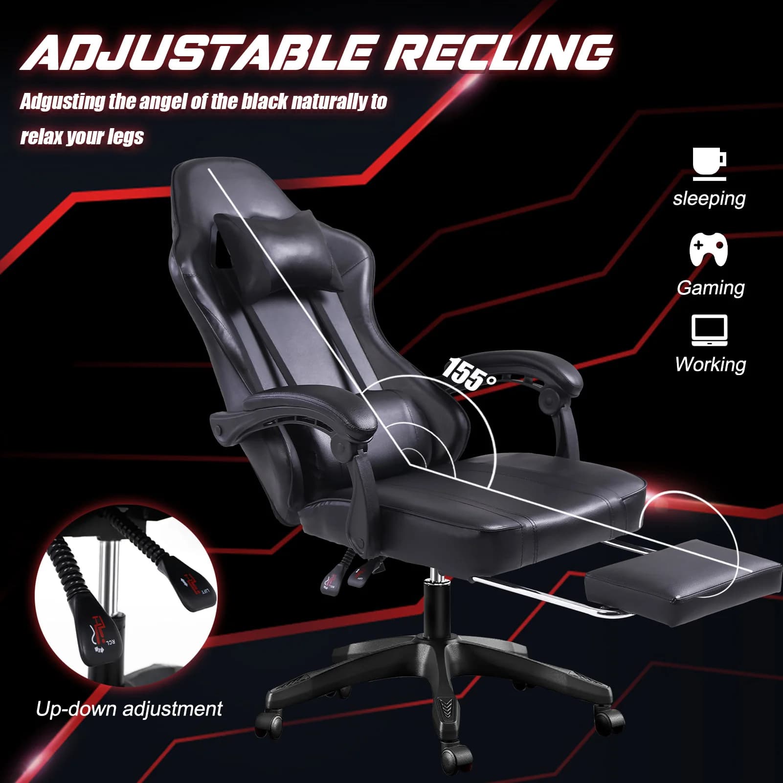 Sedia da Gaming in Pelle PU con Poggiapiedi, Rotazione a 360° ° Sedia da Gaming Girevole con Supporto Lombare Regolabile, Comoda Sedia da Ufficio