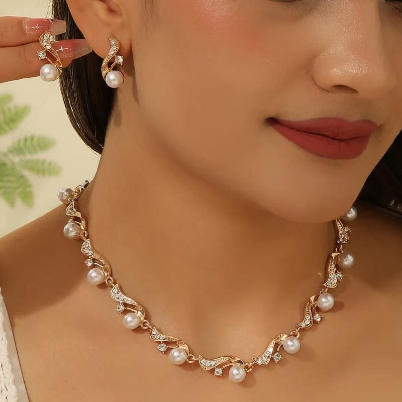 1 Set da donna elegante imitazione perla collana a forma di S orecchino set da sposa catena clavicola gioielli per matrimoni gioielli da donna regali