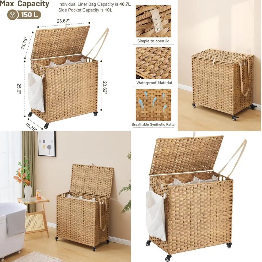 3 sections white basket with cover, removable inner bags and mesh bags, natural colour