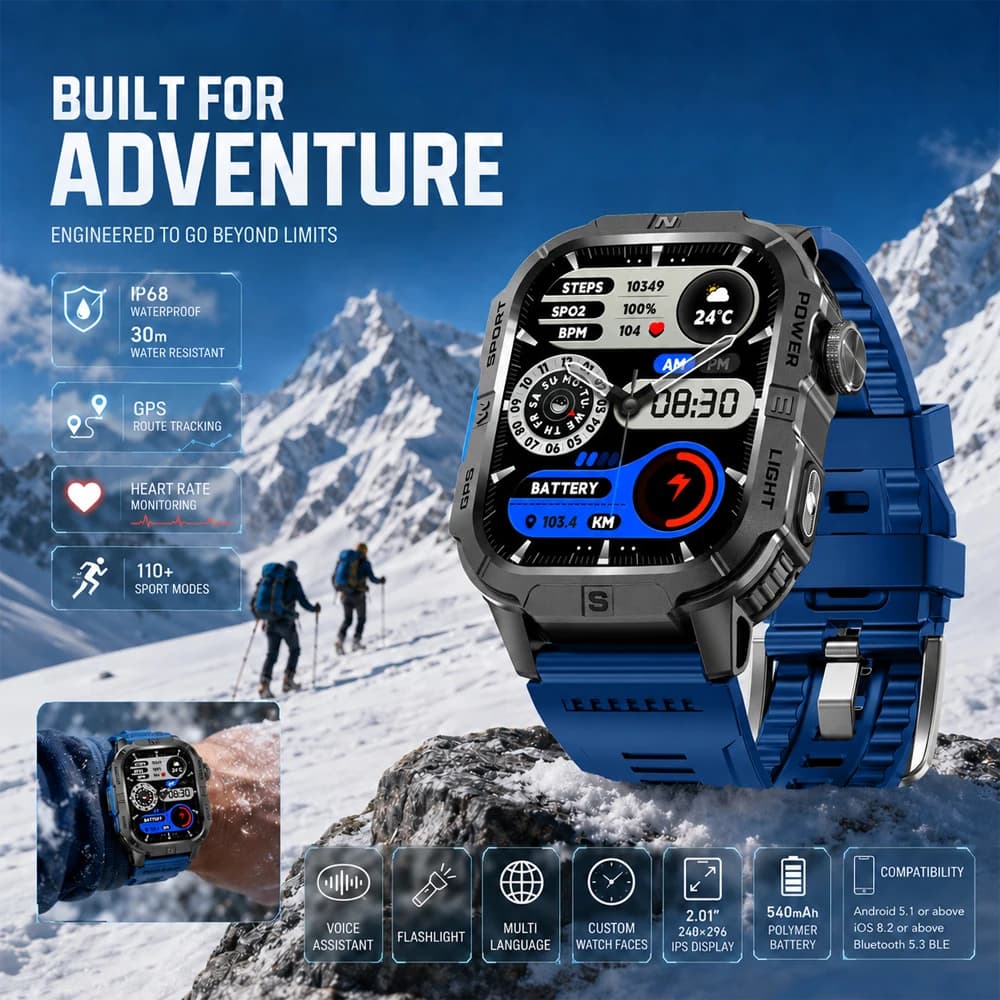 2026 New IP68 Waterproof Smart Watch Men with 6 Satellite Positioning BT Call 2.01 HD Screen 540mAh 100+ Sports Modes