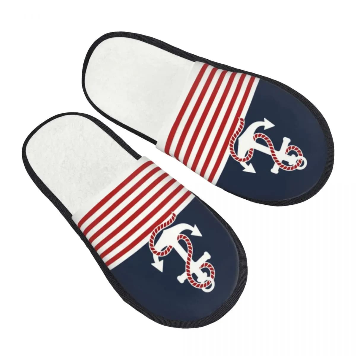 Pantofole Personalizzate Blu Navy con Strisce e Ancora Nautica per Ospiti di Hotel, Ciabatte da Casa per Donne