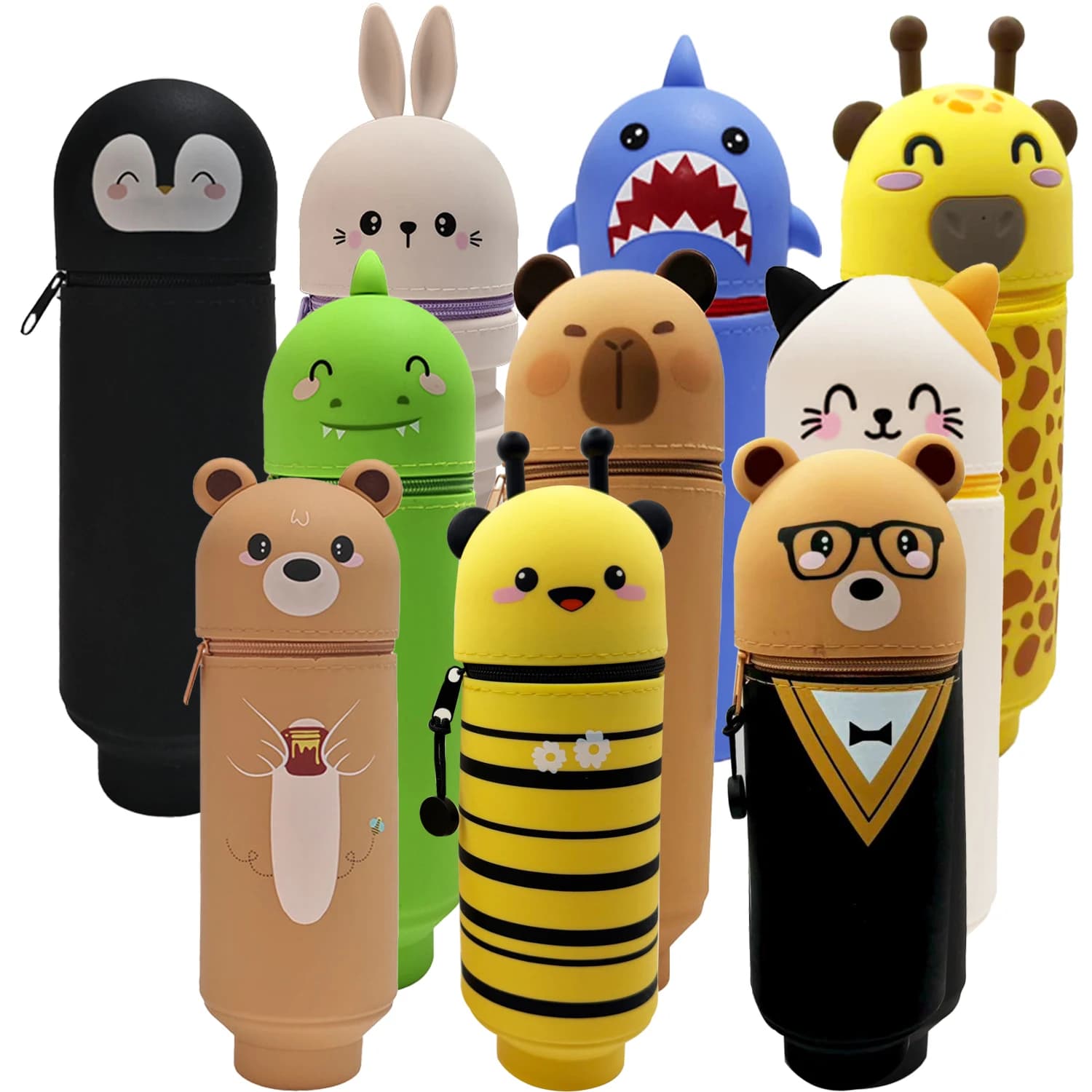 Cute animal-shaped pencil case, 2 in 1 case with zipper pen holder, soft silicone case, suitable for school and office