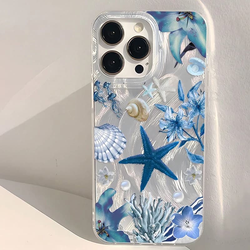 IMD cover with floral pattern, feathers and summer marine life for iPhone 17, 16, 15, 14, 13, 12, 11 Pro Max, XS, XR, 7, 8 Plus, 16E, 17E