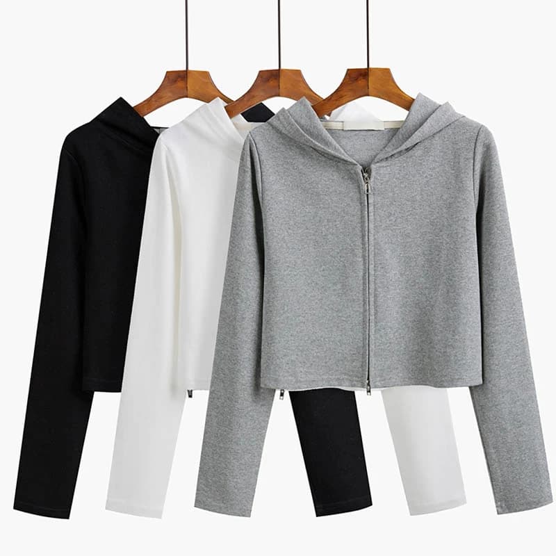 High waist slim spring women's hoodie with double zipper, Korean style, casual, comfortable, polyester and cotton blend