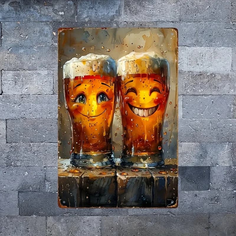 Insegna da parete in metallo con disegno di birra allegre – Decorazione rustica in ferro con tazze sorridenti e teste di birra schiumosa, perfetta per la casa, la cucina, il bar
