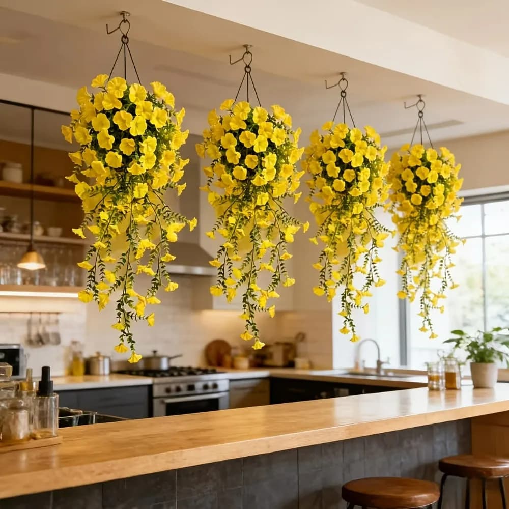 4pcs Spring Yellow Trumpet Flower Simulated Morning Glory Decor, Artificial Hanging Plants for Home Yard Patio