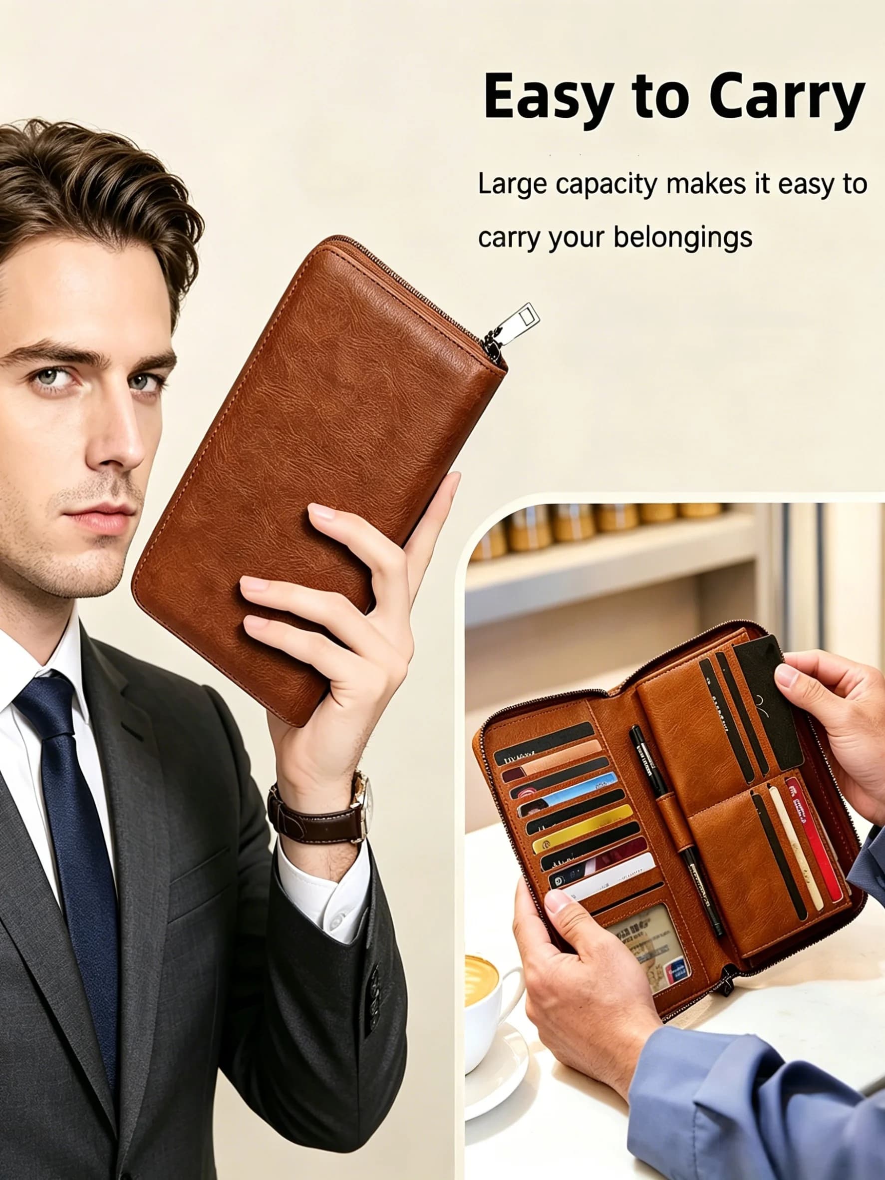 Long Waller for Men with Large Capacity Men's Clutch With 15 Card Slots & ID Window, Detachable Wristlet Anti-Theft PU Handbag