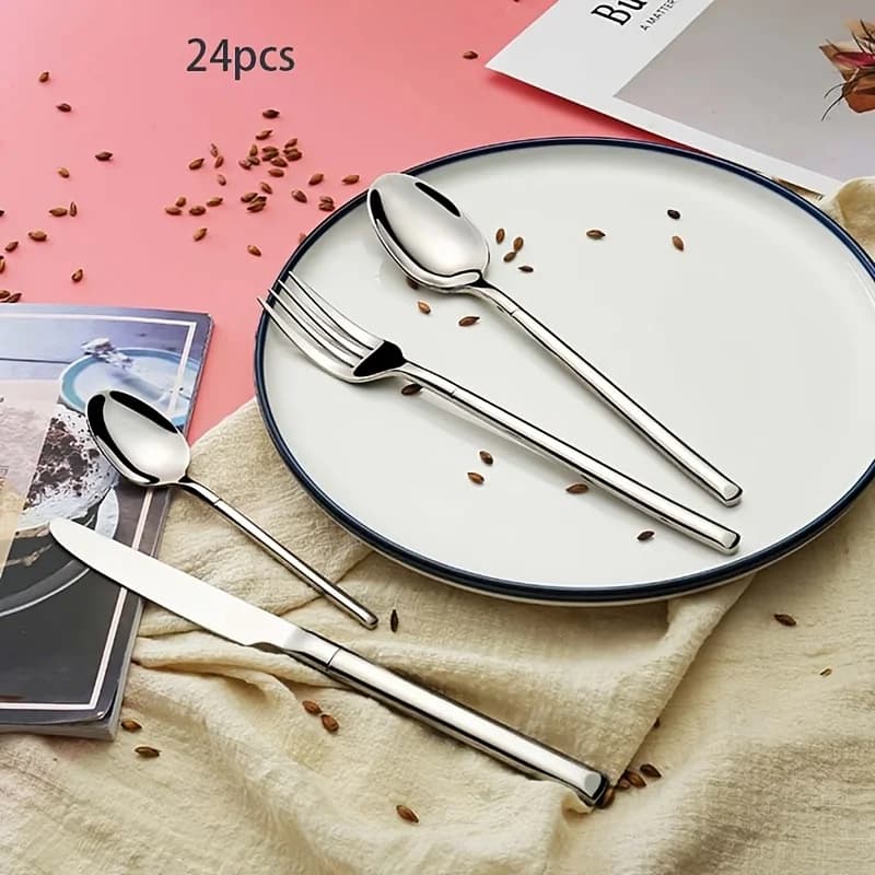 Set di stoviglie in argento da 24 pezzi, adatto per stoviglie in acciaio inossidabile per 6 persone, nuove stoviglie da cucina, buffet dell'hotel disponibile