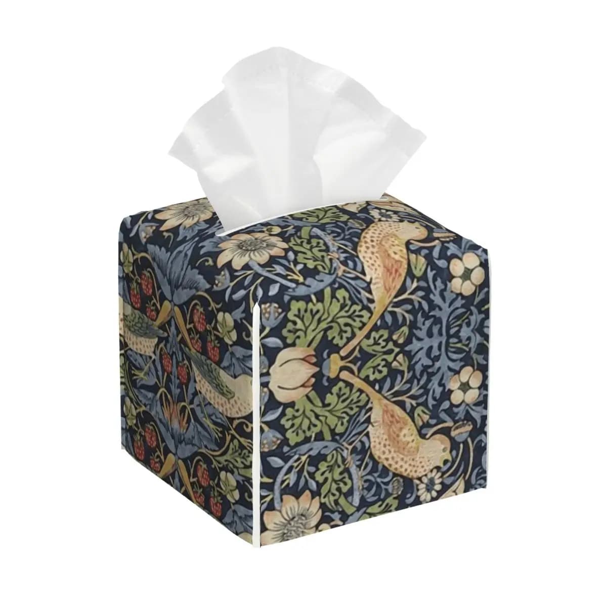 William Morris custom handkerchief holder with strawberries pattern, PU leather square handkerchief holder for bathroom car