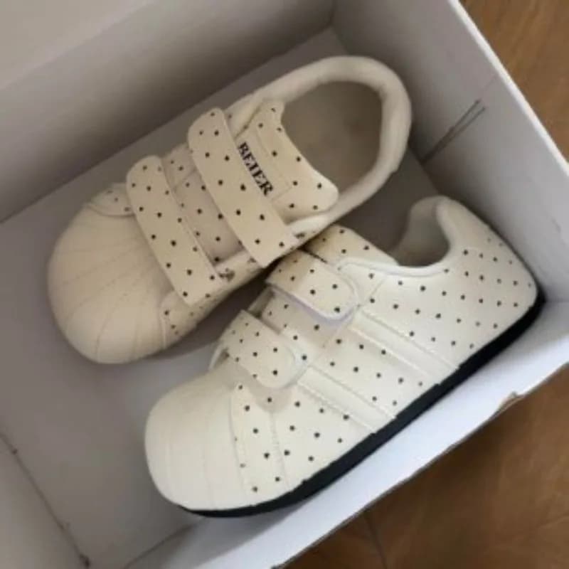 Cute Women Heart‑Dot Velcro Sneakers Shell Toe Double Magic Strap Beige Soft‑Sole Lazy Style Casual Student Board Shoes