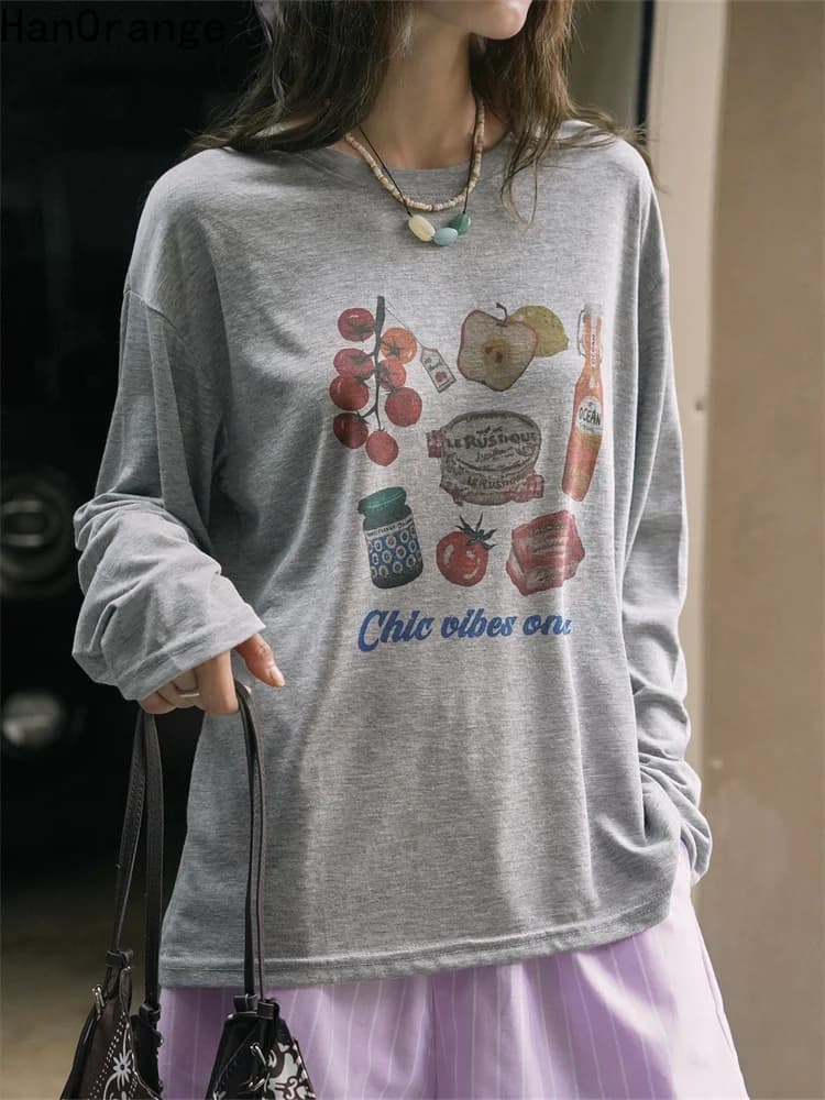 HanOrange 2025 Summer Fashion Relaxation Stampato Manica lunga Protezione solare T-shirt Donna Leggero e traspirante Top Tees Bianco/Grigio