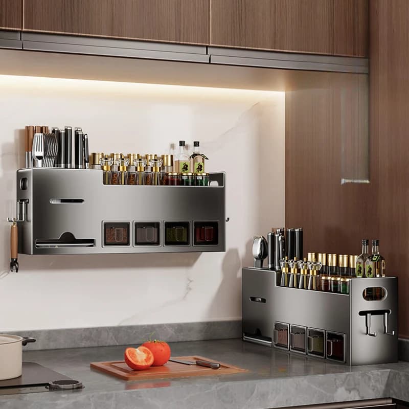 Mensola da Cucina in Acciaio Inox Senza Foratura, Organizzatore da Parete per Spezie, Bacchette e Coltelli