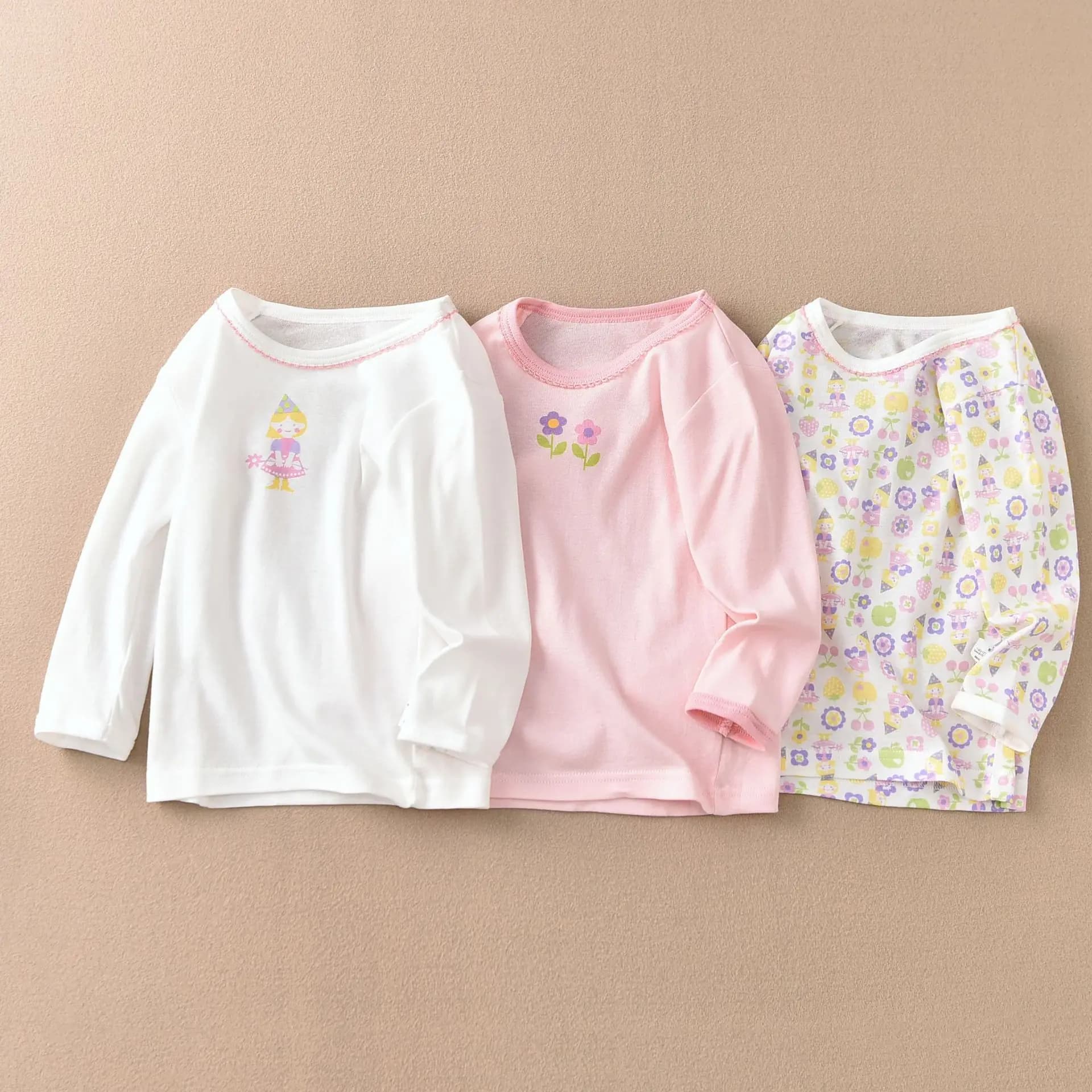 Girls' Cat And Flower Print Long-Sleeve Cotton Pajama Base Layer Tops Pack of 3 Children's Flower Print