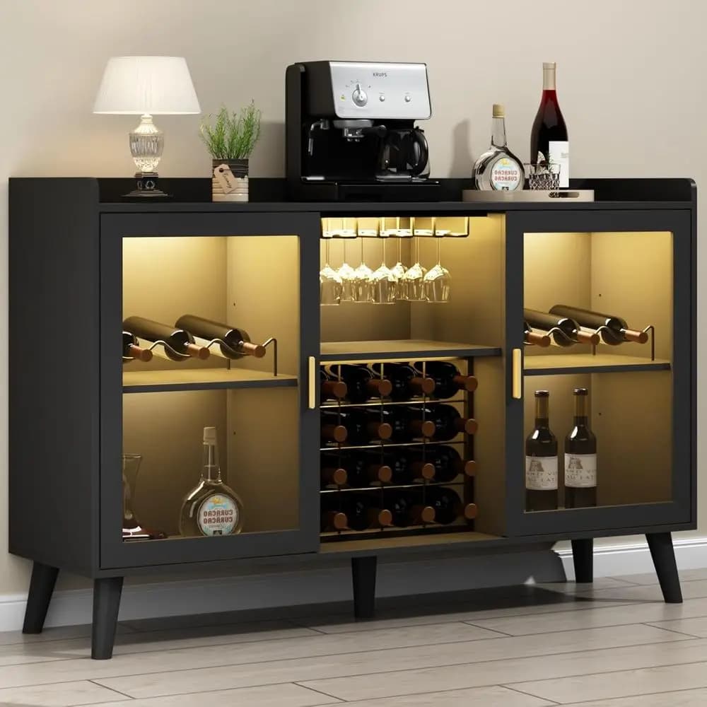 Wine Bar Cabinet with LED Light, Home Coee Cabinet with Wine Rack and Glass Holder, Kitchen Buet Sideboard W Storage Shel, reest