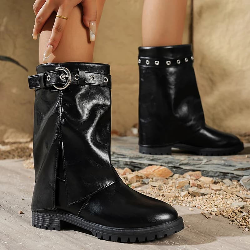 Boots in half calf with wide leg with belt buckle Women Plus Size 42 Boots in PU leather with medium heel Woman Slip On Fashion Straight Botas Mujer