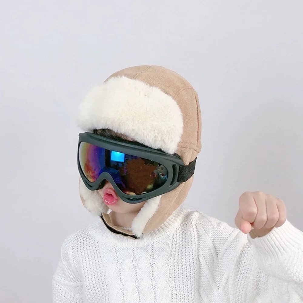 Cappello da Sci alla Moda con Occhiali Integrati, Protezione per le Orecchie, Morbido e Spesso, Stile Pilota, Streetwear