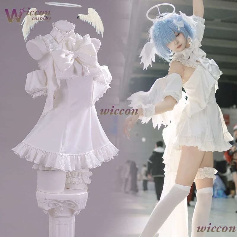 CosRoom Re:0 Ram Rem Relax Time Cosplay Costume Pj Sweet White Dress Props Hajimeru Isekai Angel Figure Style Clothes Halloween