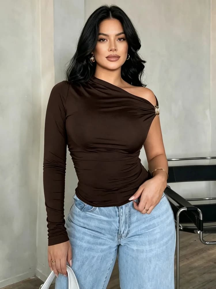 Women Asymmetrical Oblique Shoulder Blouse Single Long Sleeve Ruched Slim Fit Off‑Shoulder Tops Casual Party Streetwear T‑Shirts