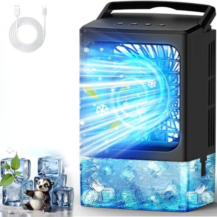 Mini air conditioner for bedroom office camping use, evaporative cooler humidifier with 3-speed quiet fan, 7-color LED night li