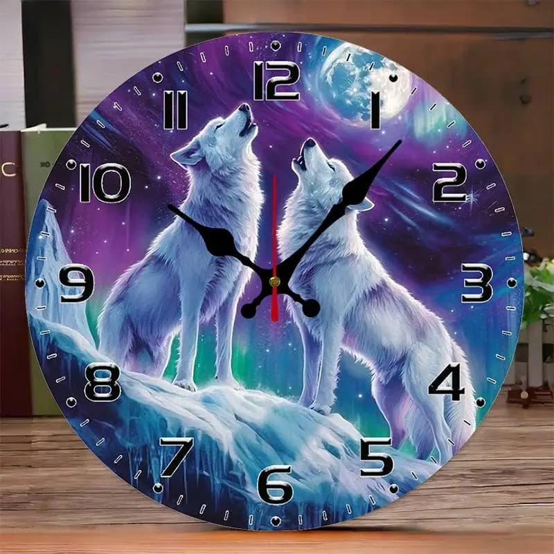 DIY 2D Flat Howling Snow Wolves Wooden Round Silent Hanging Wall Clock, Suitable For Living Room,Office,Study Room, Bedroom, Home Decoration