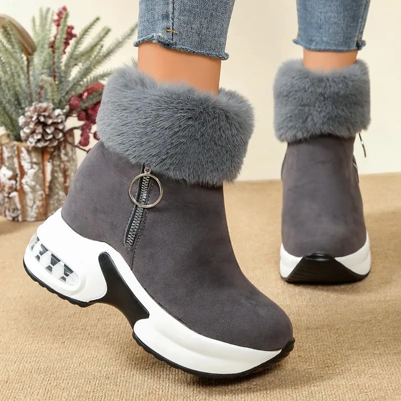 Ladies Faux Fur Trim Ankle Boots Wedge Platform Sneakers Suede Upper Side Zipper Air Cushion Sole Round Toe Lightweight Durable