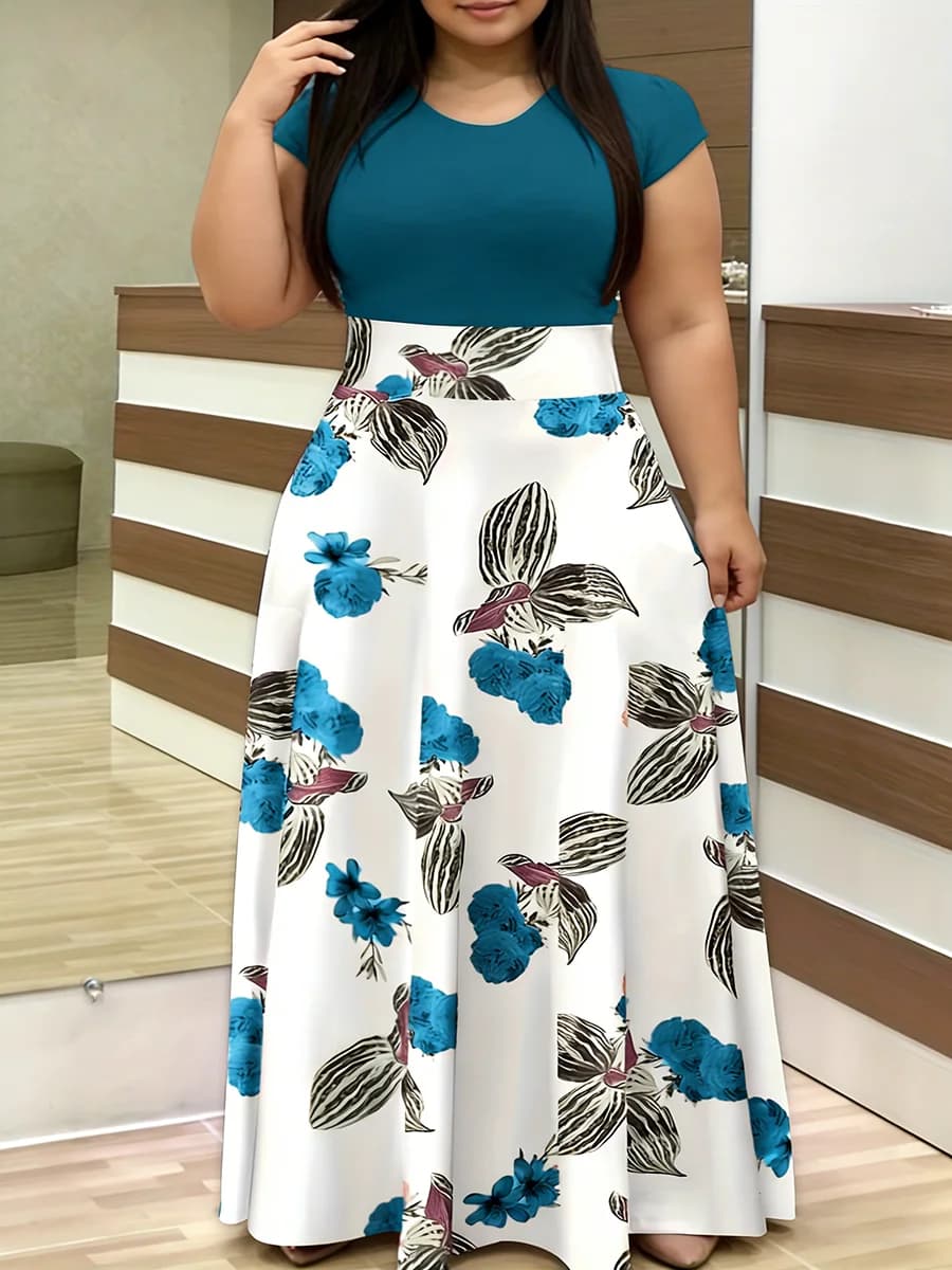 Women's Dress Size Strong Short Sleeve Crew Neckline With Floral Print, High Waist, Long, Elegant, Spring/Estate, Casual and Light