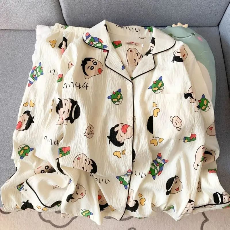 Crayon Shinchan Cartoon Print Cotton Cardigan Couple Pants Long Sleeved Pants Cartoon Home Clothes Comfort for Leisure