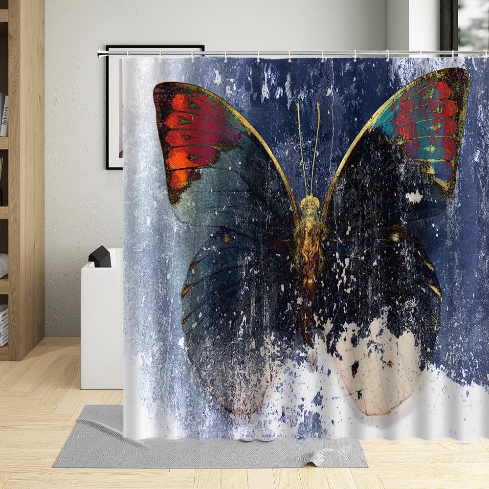 Tenda da doccia con pittura a inchiostro a farfalla, decorazioni artistiche, tessuto in poliestere, tende da bagno impermeabili con ganci per soggiorno