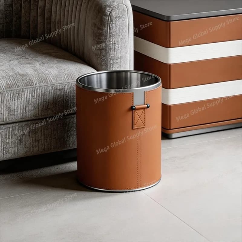 Leather Trash Can Bedroom Office Wastebasket Durable Easy Clean Trash Bin Waterproof Large Capacity Litter Bins for Bathroom