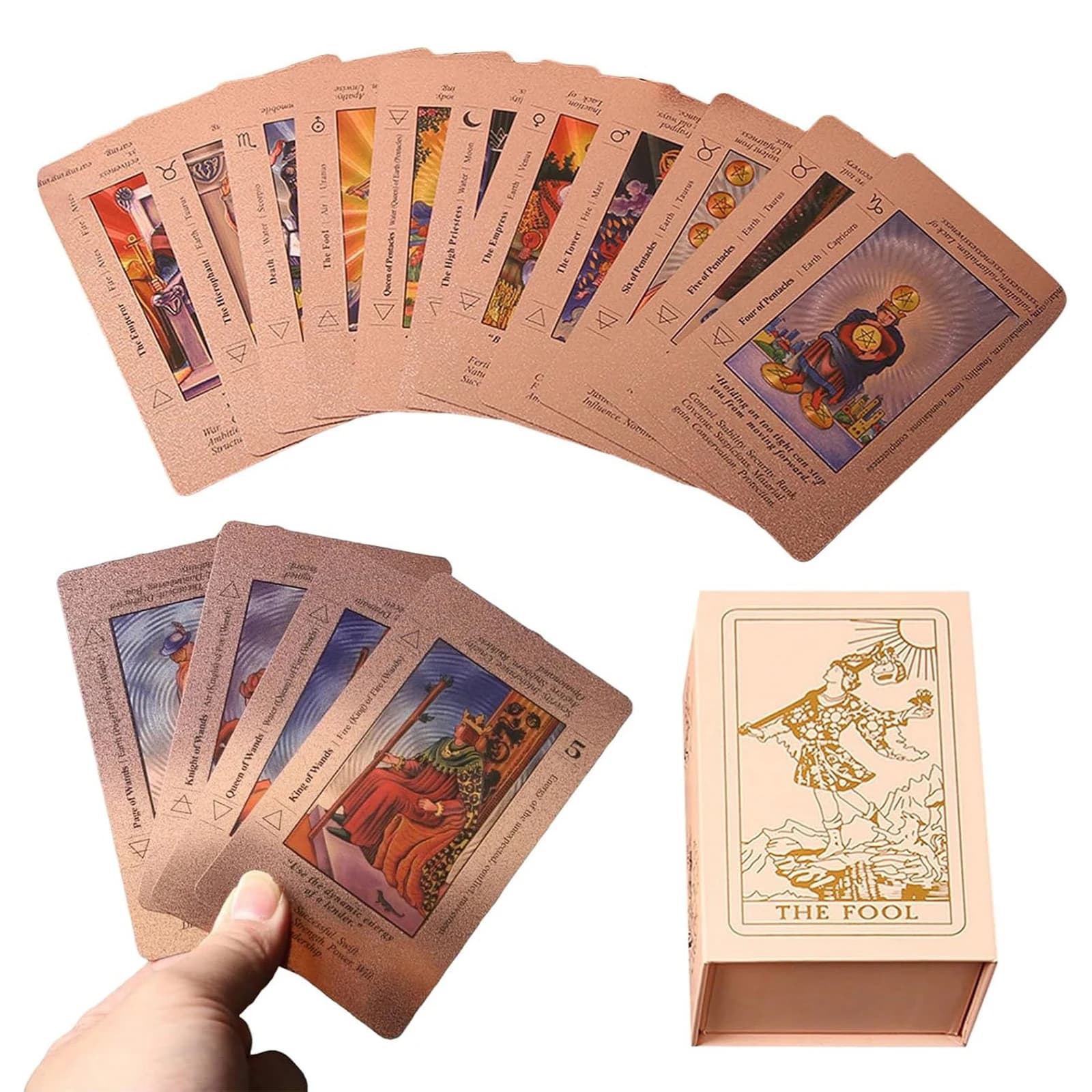 Set di 78 Carte dei Tarocchi Classiche con Significati, in Oro Rosa, per Principianti e Praticanti Esperti