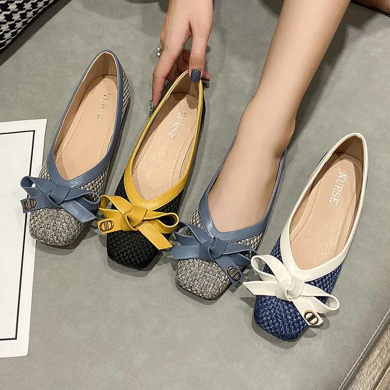 Scarpe da donna 2025 Nuovo tessuto Arco Punta quadrata Ballerine da donna Suola morbida femminile Scarpe da donna di moda di grandi dimensioni Chaussure Femme