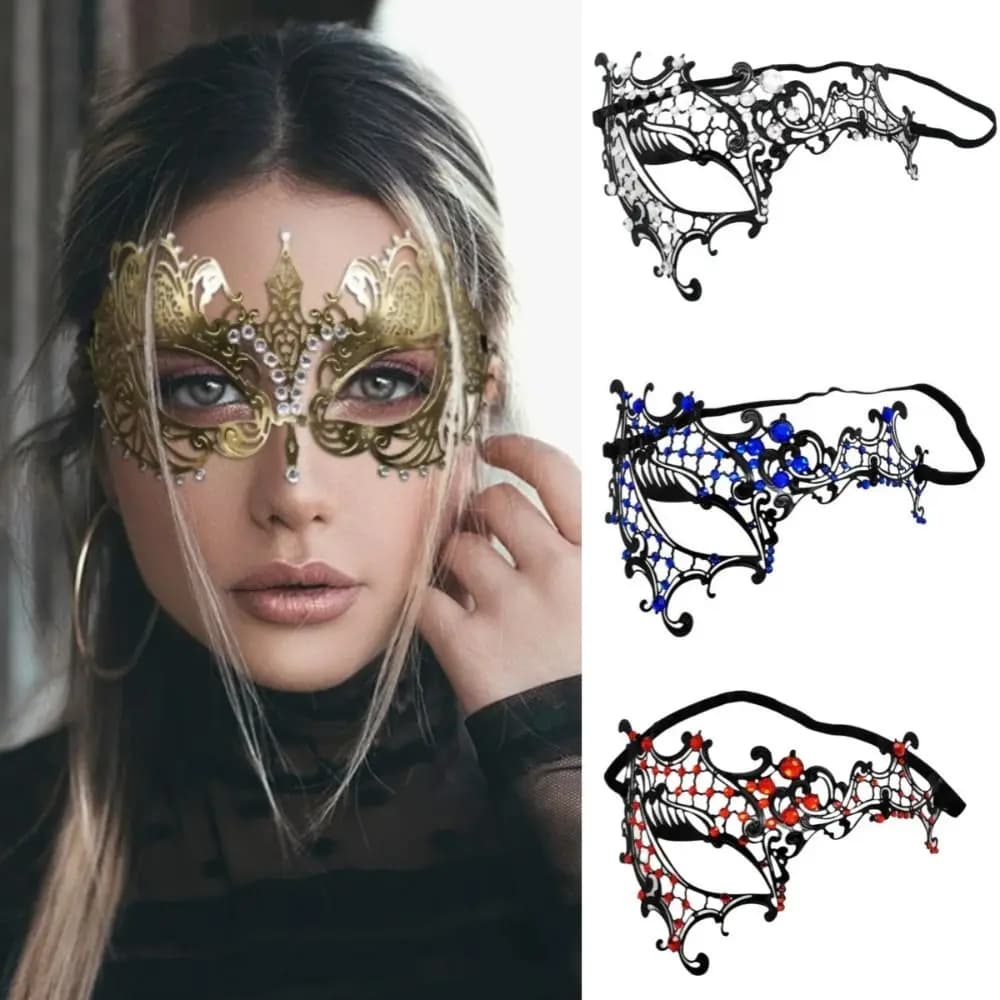 Maschera Veneziana di Halloween Mezza Faccia, Vintage con Elastici, in Pizzo Nero, Maschera in Metallo Traforata Fatta a Mano, Maschera da Principessa per Mascherata