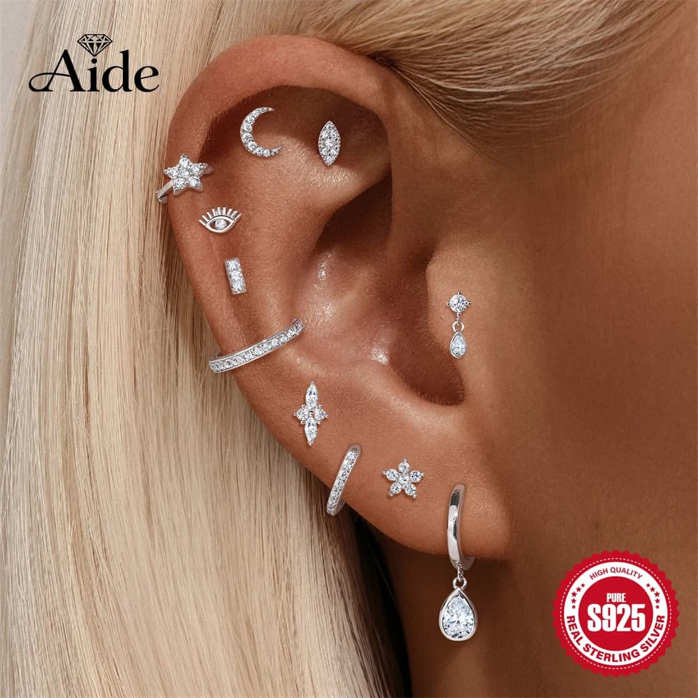 AIDE 925 Sterling Silver Pierced Moissanite Women Earrings Water Drop Geometric Floral Marquise Tassel Marquise Thread Moon Star