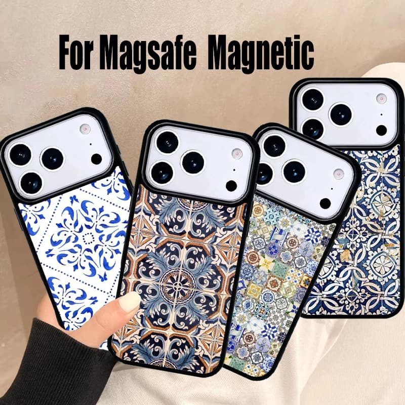 Cover Magnetica Wireless Magsafe con Motivo Piastrelle Portoghesi per iPhone 17 Air 16e 15 14 13 12 11 Pro Max Plus