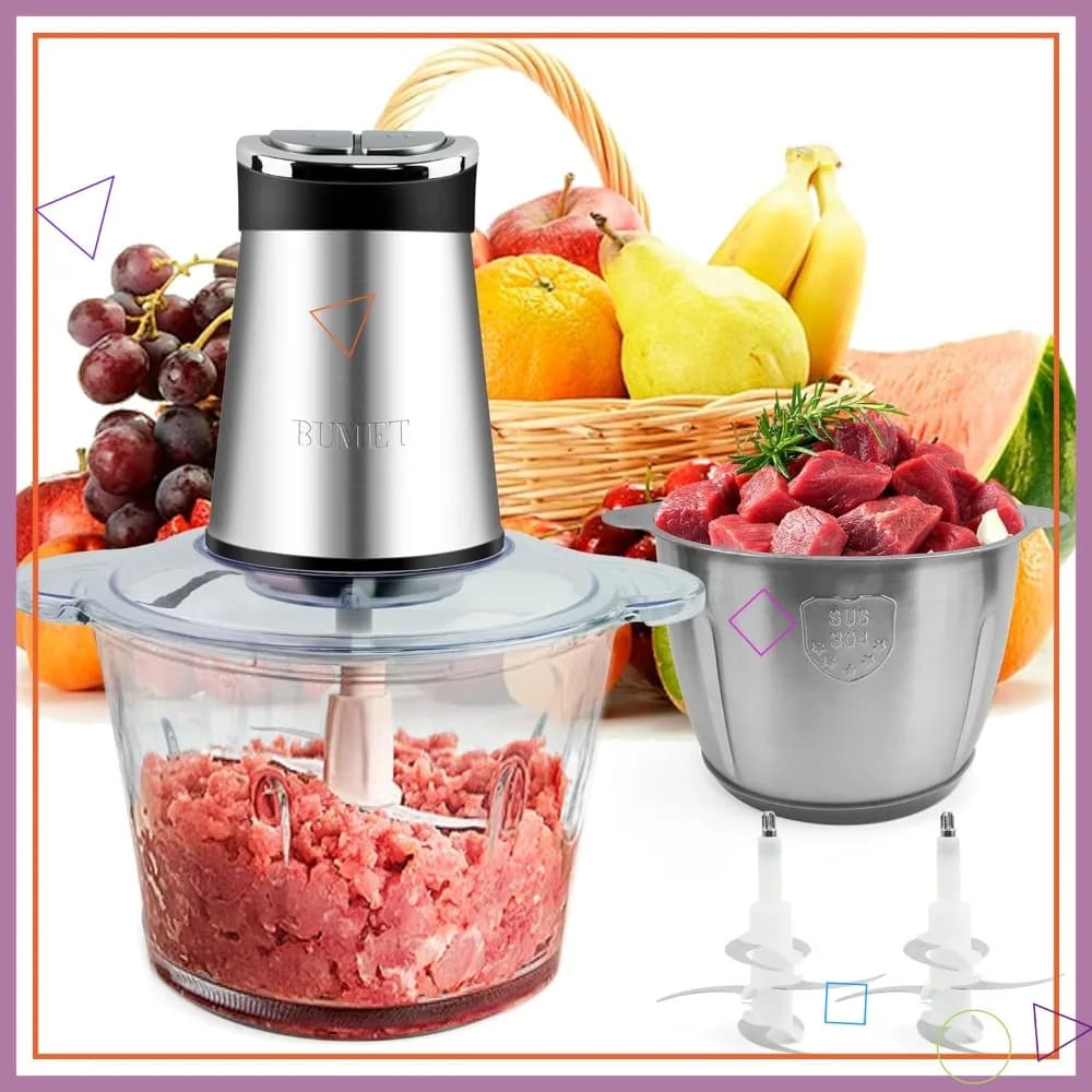 Robot da Cucina Elettrico da 800W con Timer LED, 2 Ciotole da 12 Tazze, Lame a 3 Livelli per Tritare e Sminuzzare Carne, Verdure, Cibo per Animali Domestici