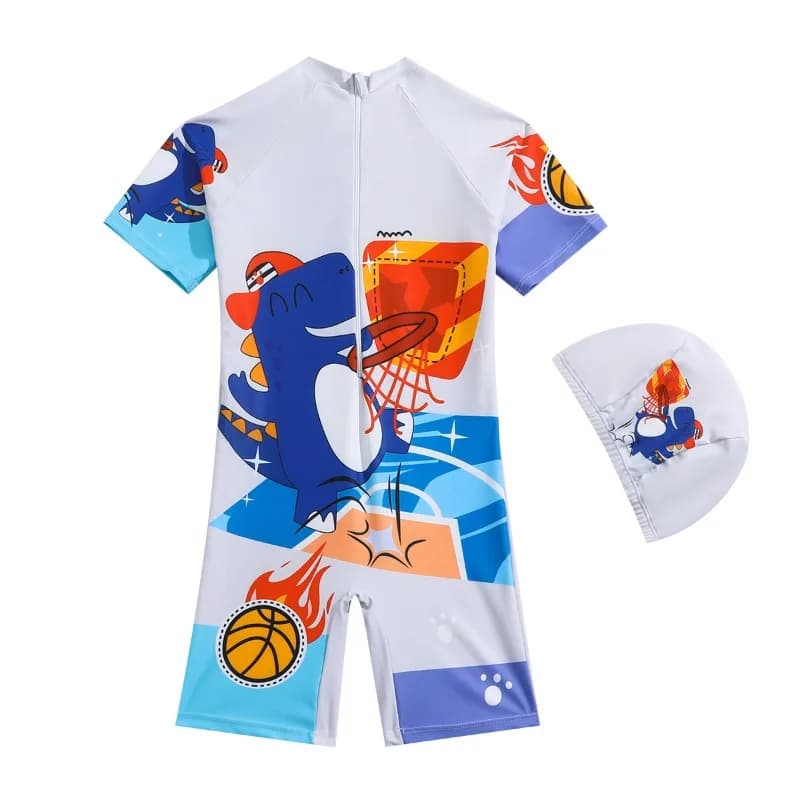 Set whole dinosaur swimsuits for boys with bath hat - UPF 50+ Rash Guard and matching cap, children's clothes with cartoon print Children's beachwear