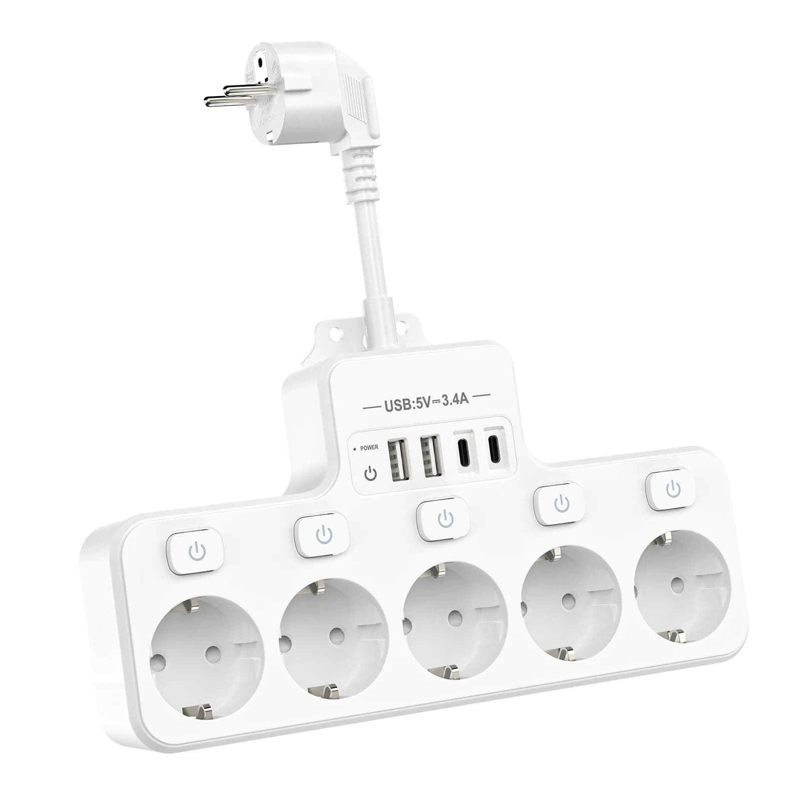 Multifunction socket for power plate with multi-contact EU plug from 4000 W 16 A with 4 USB fast charging ports 5 AC power sockets