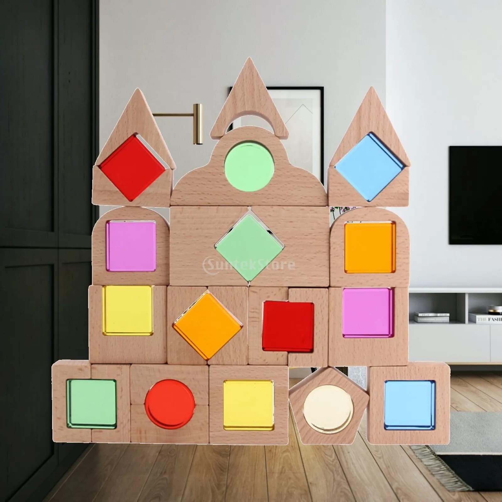 Sensory Building Blocks with Wooden Frame Educational Wooden Blocks with Acrylic Inserts Toy Open-Ended Smooth for Toddlers