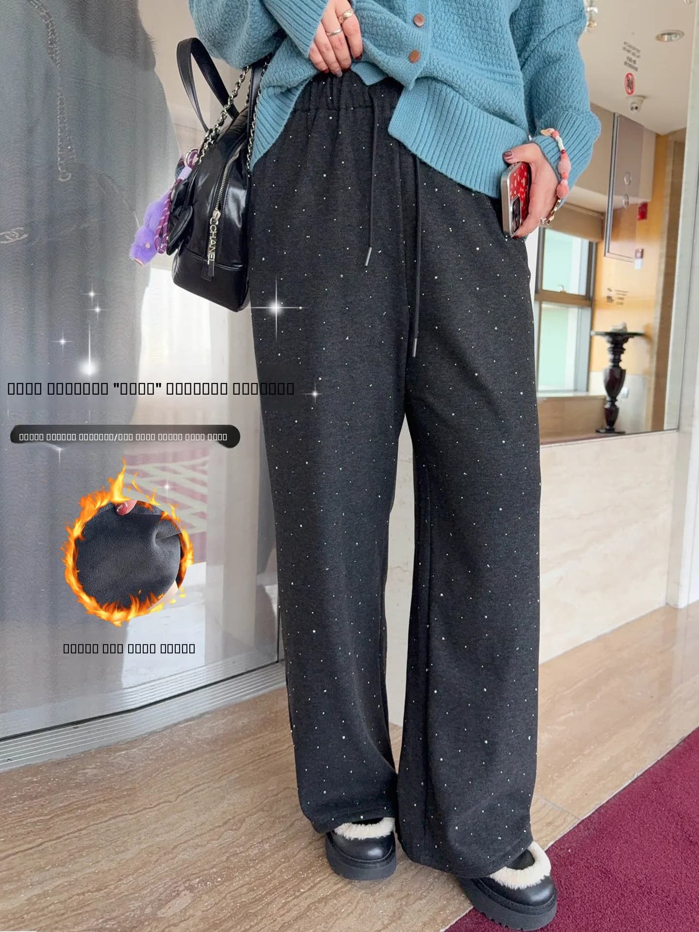 Pantaloni VOGANA con Glitter e Diamanti, Foderati in Pile, Gamba Dritta, Jeans Casual a Vita Alta con Brillanti Decorazioni
