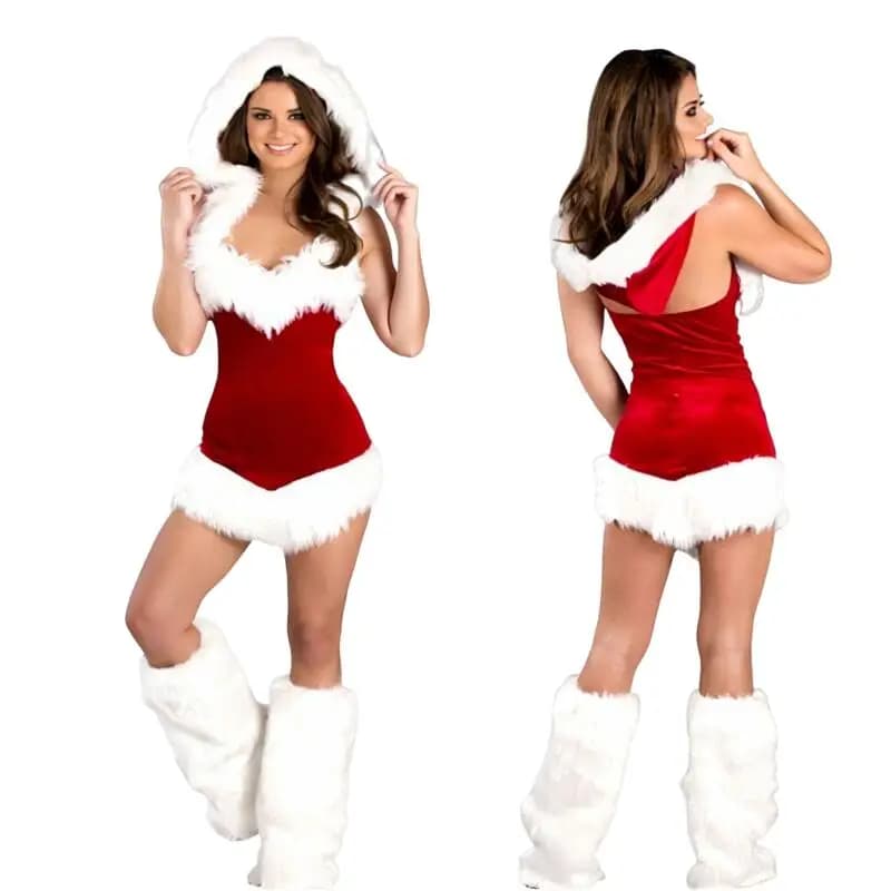 Abito senza spalline natalizio in velluto sexy da donna con scaldamuscoli con cappuccio Costume cosplay rosso di Babbo Natale per regalo a tema natalizio per feste in club