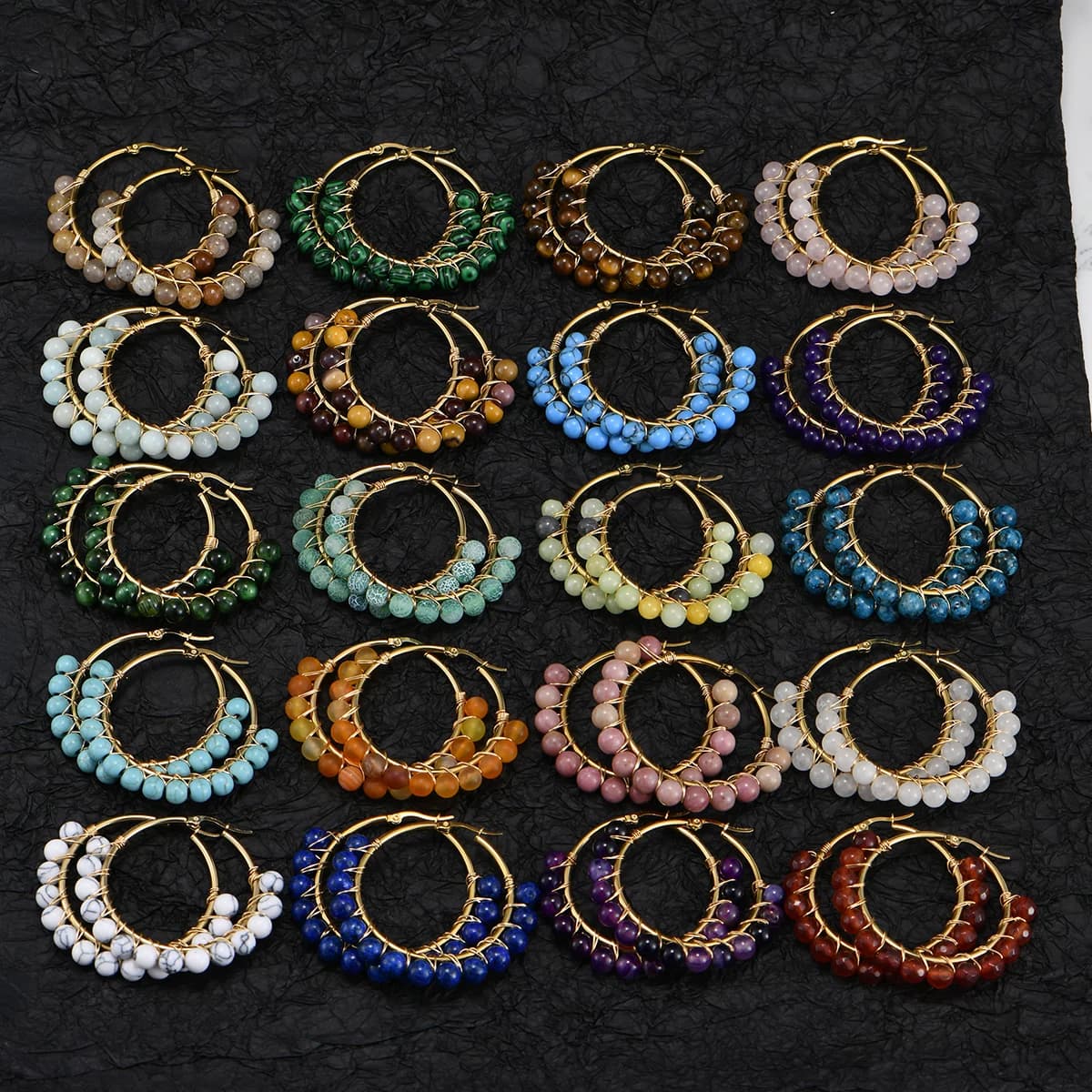 Natural stone beads earrings! Large circle style with natural colored stone, various colors, fashionable and customized