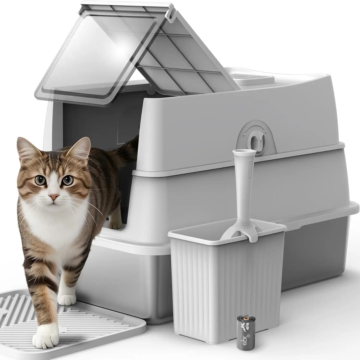 Extra Large Stainless Steel Litter Box with Lid, High Sided Enclosed Cat Litter Box, Anti-Leak, Odor Control, Includes Scoop & Mat
